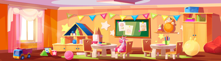 Kindergarten room with furniture and toys. Vector cartoon illustration of nursery school interior with wooden shelves, table and chairs, color truck, cubes, ball, doll for children, pictures on wall