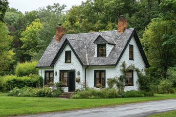 Simple two-story white house with black trim, gray shingle roof, and lush green grass in Colorsport Pine Lakes, northern Wisconsin.