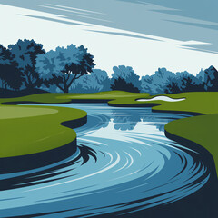 abstract and artistic image - A high-resolution illustration of a flowing water hazard, reflecting trees and sky, surrounded by greenery under a subtly blue, cloudy sky.