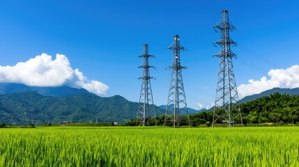 Power transmission towers among lush green rice fields mountainous landscape vibrant nature scene