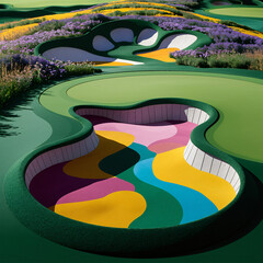 abstract and artistic - A surreal golf bunker with fluid curves, filled with colorful sand, surrounded by vibrant wildflowers, serves as the high-resolution centerpiece of the course.