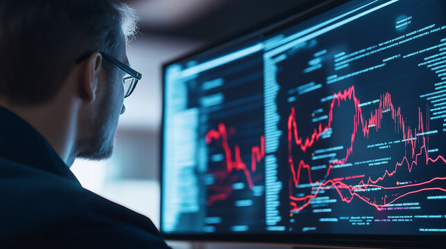 A person analyzing data on multiple screens in a dark office, with graphs and numbers displaying on the monitors.