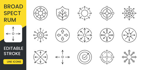 A set of line icons representing broad-spectrum drug action, with an editable stroke. The icons illustrate various concepts of wide range effectiveness, including expansion, dispersion