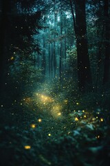 Fototapeta premium A deep forest illuminated by glowing fireflies, exuding a mystical and enchanting atmosphere.