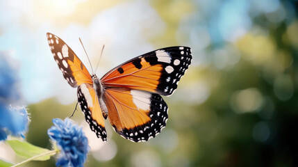 Fototapeta premium A captivating butterfly in flight over a vibrant flower in a colorful garden setting on a sunny day