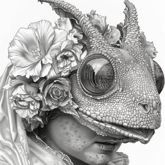 A unique figure combines human and reptilian features, wearing a textured lizard head with vibrant floral arrangements, showcasing intricate artistry and creativity