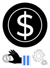 Large dollar coin, black hand offering coin, and small gears symbolizing finance, payments, and mechanics. Ideal for business, economy, transaction banking savings profit teamwork. Flat simple