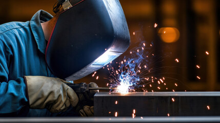 Intense close-up of a dedicated man welding with sparks flying while focused on creating a metal joint
