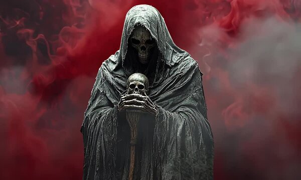 Grim reaper statue, red smoke background, fantasy art, Halloween concept