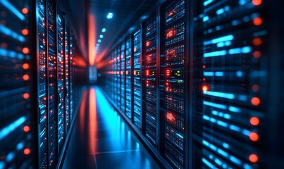 a server room with glowing lights, data center.