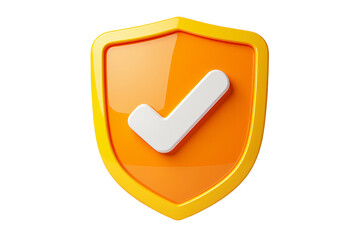 3D Render of Orange Shield with White Checkmark Security Protection Approved Concept
