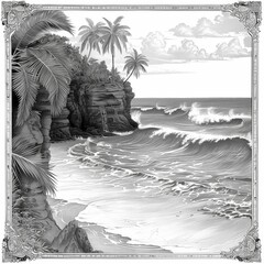 A tropical shoreline features powerful waves breaking against the rocky cliffs. Lush palm trees sway gently in the coastal wind under a partly cloudy sky