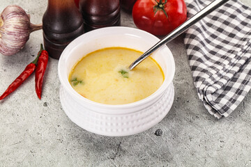 Salmon cream soup with vegetables