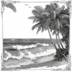 A tranquil coastal setting features tall palm trees swaying gently beside the shore. The waves roll softly onto the sandy beach under a clear sky with distant birds flying
