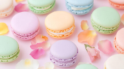 Fototapeta premium Delicious pastel macarons arranged with flower petals, perfect for celebrations