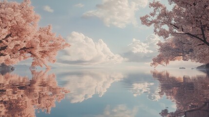 A calm lake reflecting cherry blossom trees, with the sky and water creating soft central space.