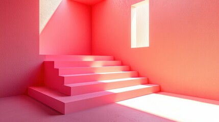 Fototapeta premium Bright pink interior with stairs and window light.