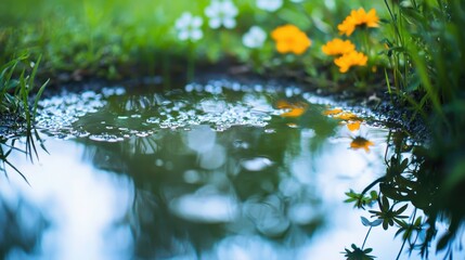 Fototapeta premium A soft-focus reflection of a spring garden in a puddle, blurred in the middle for copy. 