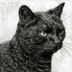 A meticulously drawn portrait shows a black cat with bright eyes and detailed fur textures against a subtle background. The artwork highlights the cat's elegance and charm