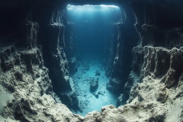 A deep underwater trench stretches into darkness as two tectonic plates pull apart. Generative AI