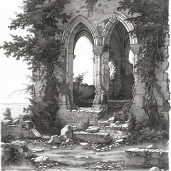 A tranquil scene features the remnants of an ancient stone structure by the coast, enveloped in lush greenery. Sunlight filters through the arches, highlighting the weathered stones