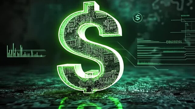 Glowing green dollar sign with a futuristic cyber texture, symbolizing digital finance and cryptocurrency wealth, a concept representing the power of the dollar sign in the blockchain economy and fina