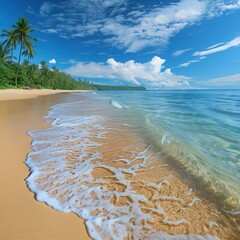 Soft waves caress a golden sandy beach in a tropical location, surrounded by lush greenery and a bright blue sky dotted with clouds. The scene radiates tranquility