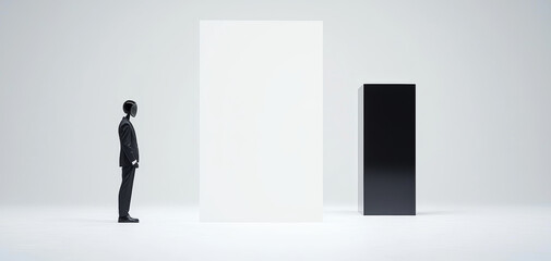 Obraz premium A conceptual look at the future of AI-driven business, where a human professional engages in a data exchange with a cutting-edge robotic entity