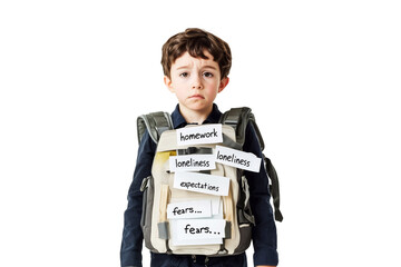A sad school-aged child carries a heavy emotional burden, represented by words like fear, loneliness, and expectations attached to their backpack. A visual on childhood emotions.