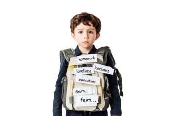 A sad school-aged child carries a heavy emotional burden, represented by words like fear, loneliness, and expectations attached to their backpack. A visual on childhood emotions.
