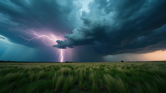 A vast grassland beneath a dramatic storm sky, lightning bolts striking in the distance. Dark clouds roll across the horizon as golden grasses sway in the wind.