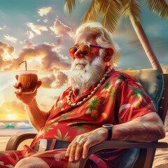 An elderly man relaxes in a beach chair, wearing a colorful tropical shirt and sunglasses. He holds a cocktail while enjoying the sunset and sound of waves, surrounded by palm trees