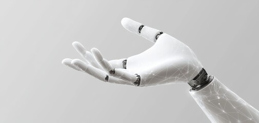 A sleek white robotic hand interacting with a digital AI display, symbolizing the evolution of artificial intelligence and automation