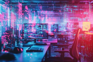 Neon lighting in a cyberpunk office with high-tech workspace and blurred overlays.