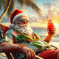 A festive figure resembling Santa sits on a beach chair wearing sunglasses and tropical attire. He relaxes under palm trees, enjoying a colorful drink and a beautiful sunset