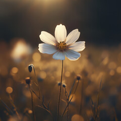 An artistic, hyper-realistic shot of a single wildflower standing tall among a sea of blooms, bathed in soft natural light
