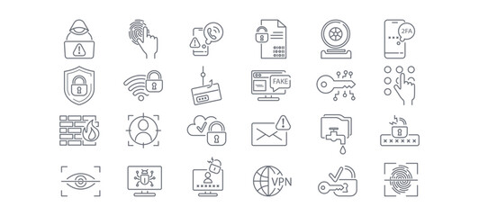 Cyber security line icon set. Data Protection, Encryption, Firewall, Hacking Attack, Phishing, Data Leak, Password, Digital Signature, Camera, Scam Call vector illustration. Editable Strokes