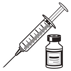 Medical Syringe and Vaccine Bottle Icon – Injection, Immunization, Healthcare, Black and White Vector Illustration
