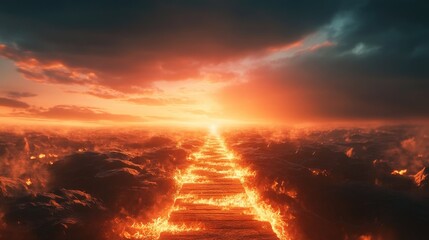 Naklejka premium Fiery Path Through Dark Clouds Leading to Bright Horizon at Sunset Over Lava Landscape