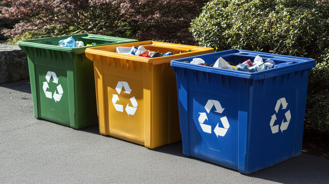 Empty color-coded recycling bins, including paper, plastic, glass, and metal, promoting responsible waste management and sustainability.
