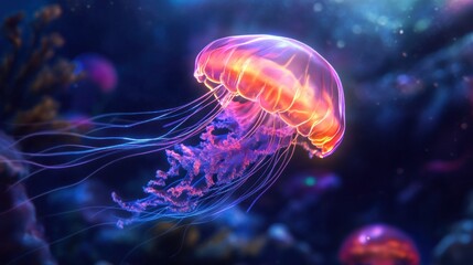 Luminous jellyfish gracefully dances in the abyss, a neon spectacle in deep sea