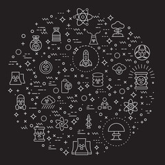 Simple Set of Nuclear And biohazard Technology Related Vector Line Illustration. Contains such Icons as energy, power, danger, atom, bomb, plant, barrel, molecule, radiation And Other Elements.