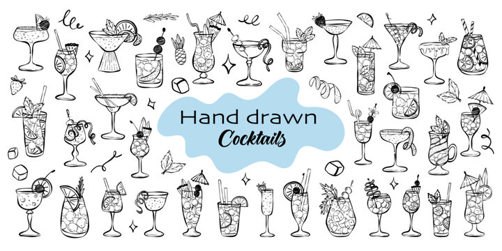 Set of ink cocktails. An illustration of classical alcohol drinks in different types of glasses. Vector illustration of summer and tropical cocktails. Illustration for drinks cards, bar and wedding me