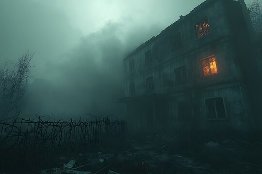 An old and dilapidated building surrounded by thick dense fog