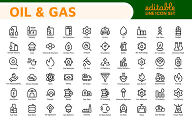 Set of Oil Gas Industry Line Icons. Contains such Icons as Gas Station, Oil Factories, Transportation, and more. line icon set.