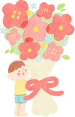 Boy holding a bouquet of flowers