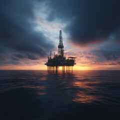 Obraz premium An oil drilling rig in the middle of the ocean, with both sunrise and sunset occurring simultaneously in the background