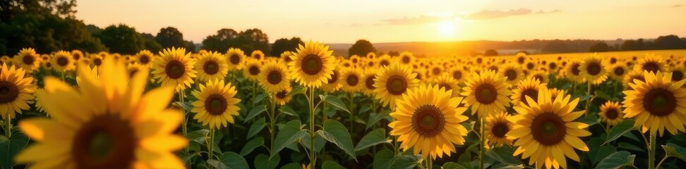 Obraz premium Evening sunlight casting long shadows on sunflower fields, flowers, landscape