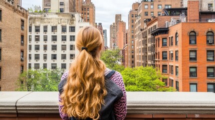 Fototapeta premium Woman with Long Blonde Hair Contemplating City Skyline View from Rooftop