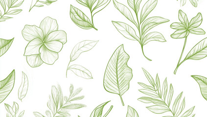 Green hand-drawn tropical leaves and flowers create a seamless botanical pattern on a white background